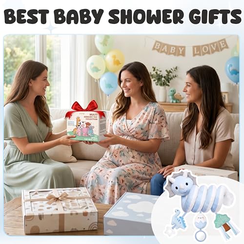 Image of Stuffed Dinosaur Spiral Car Seat Toys Hanging for Babies 0-3 3-6 6-12 Months, Plush Infant Stroller Toy with Silicone Teether, Crinkle and Squeaker, Soft Cute Shower Gifts for Newborn Boys Girls