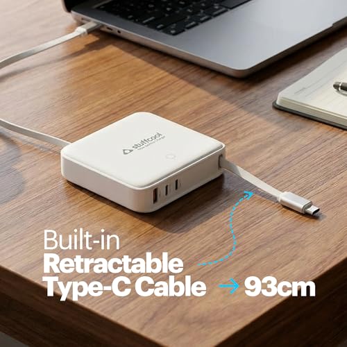 Image of Stuffcool Zeno 100W Desktop Charging Station, 65W Retractable Type-C Cable, Dual 100W PD 3.0 & PPS Ports, USB-A QC 3.0, SFC 2.0, BIS Certified, Compatible with MacBook Pro, Laptops, & Smartphones