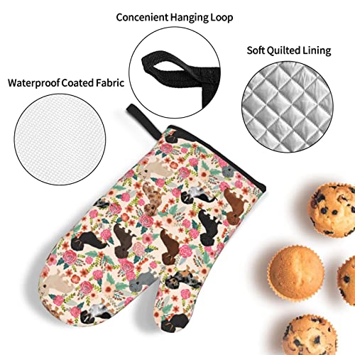 Floral Dachshunds Oven Mitts And Pot Holders Sets Of 4，Heat Resistant Kitchen Microwave Gloves And Pot Pads With Non-Slip Surface For Grilling Baking Cooking Bbq #TOP3