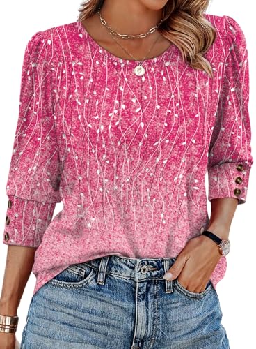 Boho Tops for Women Fall Fashion 2026 Dressy Casual Blouses Business Vacation Travel Outfits 3/4 Length Sleeve Plus Size Winter Clothes Pink L