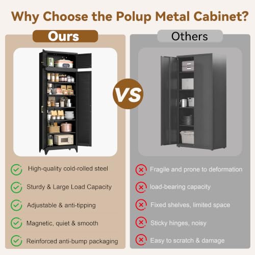 Image of Polup 90 inch Tall Metal Kitchen Pantry Storage Cabinet with Doors and Shelves | Black Heavy Duty Steel Cabinet,Golden Handle,5 Adjustable Shelves,Louvered Doors,Anti-tipping,2 packages,garage,Dining room