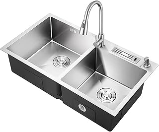 Lavello Da Cucina A 2 Vasche in Acciaio Inossidabile Cromato Con Rubinetto Girevole A 360 ° A Scomparsa, Lavello Da Cucina Con Sifone Flessibile Dispenser Di Sapone Filtro Valvola Ripiano,78x43CM