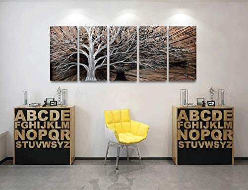 Yihui Arts 3D Silver Tree Metal Wall Art Hand Grind On Aluminum Brown Rustic Pictures In 5 Panel Modern Artwork For Living Room Bedroom Decoration (24Wx64L) #TOP4