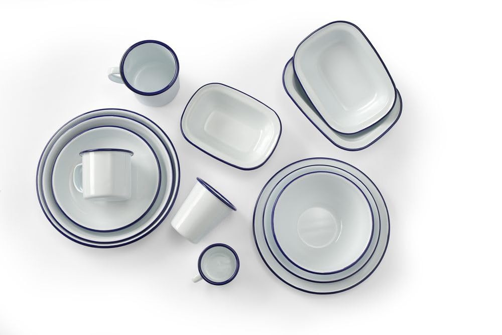 HENDI Plato de acero esmaltado blanco, con borde azul, cuenco, recipiente redondo, para horno de cocina, para preparar y servir diferentes platos, sopas, caldos, postres, ensaladas, ø220x(H)36mm
