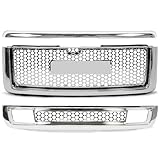 KUAFU Grille 3PCS Compatible with 2007-2013 GMC Sierra 1500 Denali Round Hole Mesh Front Hood Molding Top & Upper & Lower Grill Front Bumper Center Grill Chrome Silvery