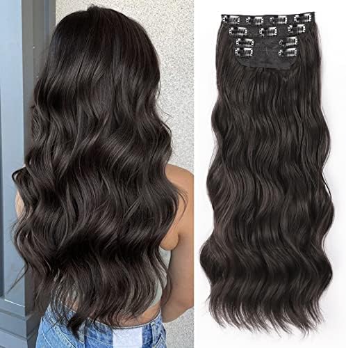 SHNMIN 20 inches Clip in Hair Extensions Long Wavy Dark Brown Hair Extensions 4PCS Thick Hairpieces Synthetic Fiber Double Weft Hair Extensions for Women
