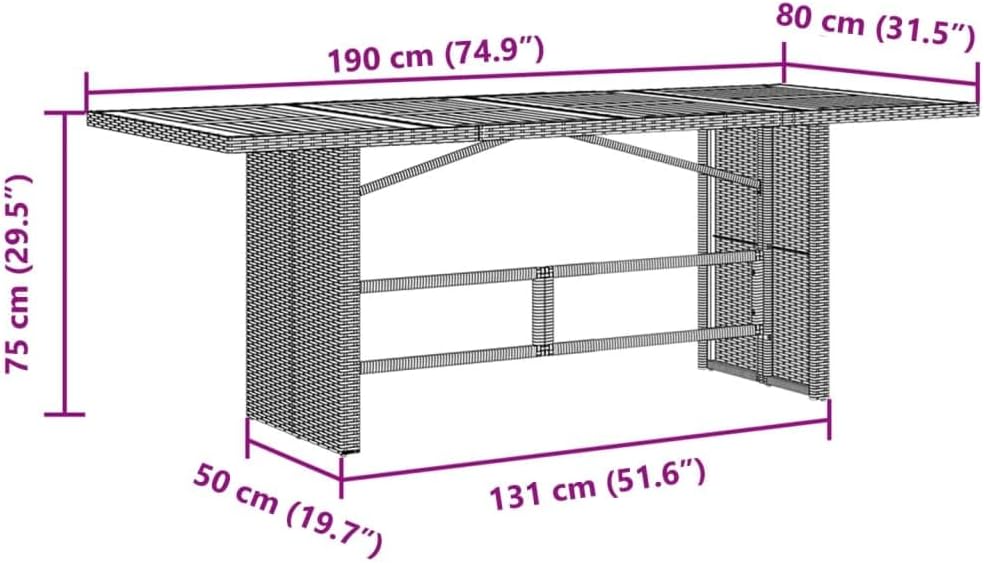 Modern Rectangular Garden Coffee Table Black with Acacia Wood Top Powder-Coated Steel Frame 74.8x31.5 in Patio Furniture Outdoor Table for Terrace and Indoor Use
