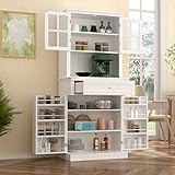 ECACAD Kitchen Pantry with 4 Doors, Drawer & Adjustable Shelves, Wood Storage Cabinet with Acrylic D