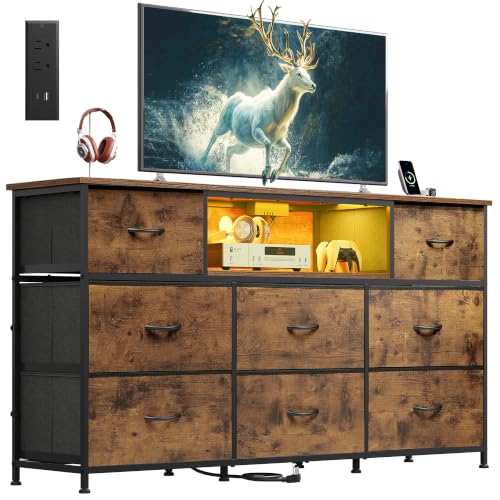 Image of WLIVE LED Dresser TV Stand for 65 Inch TV, 8 Drawers, Rustic Brown