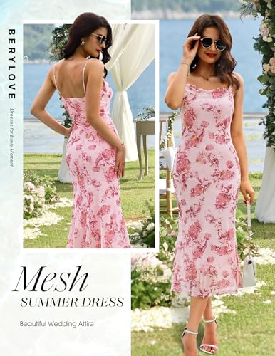 BeryLove Women Summer Floral Mesh Wedding Guest Cocktail Spaghetti Strap Dress2