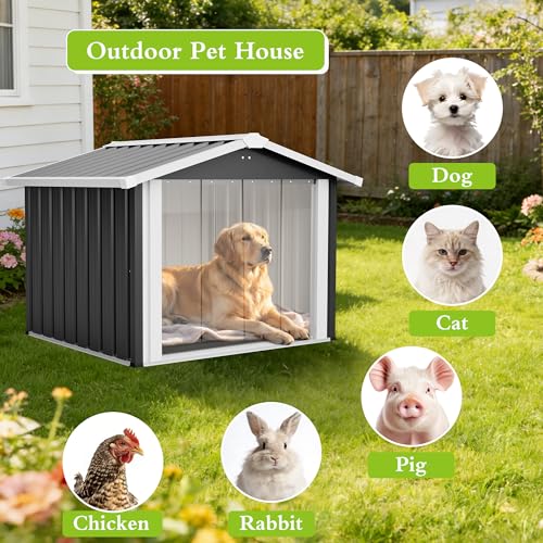 KEIKI 2-in-1 Metal Dog House Outdoor Shelter & Storage Shed, Pet House with PVC Door and Ventilation, Heavy Duty Kennel for Medium Large Dogs, Garden, Backyard by KEIKI - Used condition - Image 4