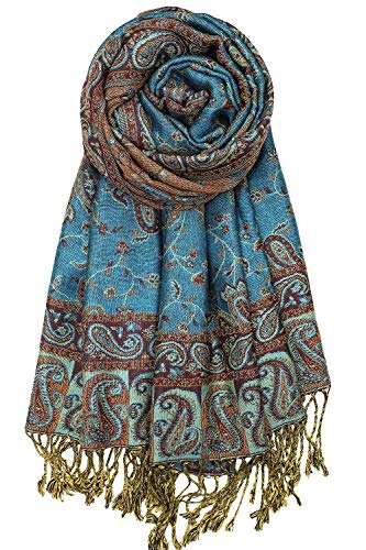 Achillea Soft Silky Reversible Paisley Pashmina Shawl Wrap Scarf w/Fringes (Teal)