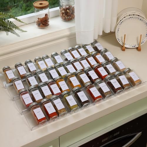 MUAKIOY Acrylic Spice Drawer Organizer, 4 Tier- 2 Set Spice Rack Organizer for Cabinet Expandable From 13" to 26", Kitchen Seasoning Jars Drawers Insert Tray (Jars not included)