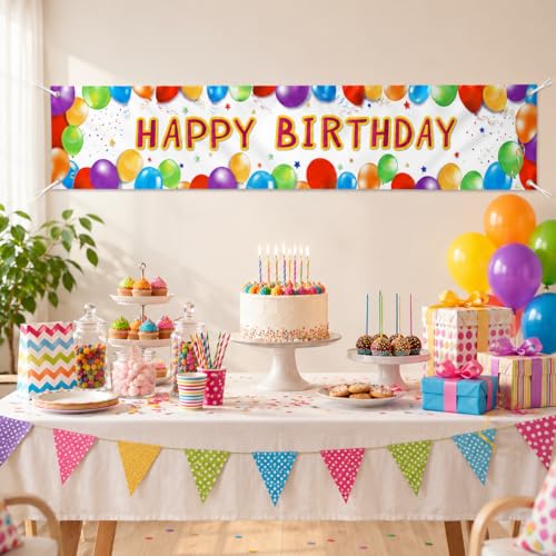 Image of Letjolt Happy Birthday Banner Balloon Sign Huge Party Supplies 6 Feet | Birthday Party Decoration Supplies Colorful Fence Outdoor Giant Flags Photo Prop Backdrop Outside
