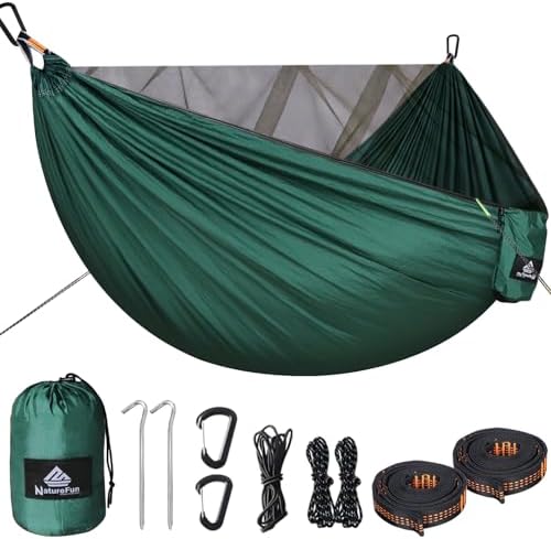 NATUREFUN Amaca da campeggio con zanzariera | Capacità di carico 300 kg, (290 x 140 cm) Nylon paracadute traspirante e ad asciugatura rapida | Accessori completi | Amaca da viaggio facile da montare
