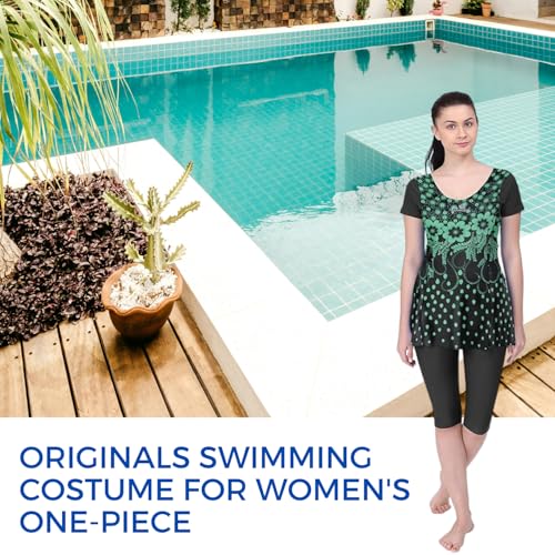 Image of Originals Swimming Costume for Women's One-Piece Beach Wear with Sleeve & Skirted 3 /4 Leggings Maximum Covered Swim Wear Dress (L - 7XL)
