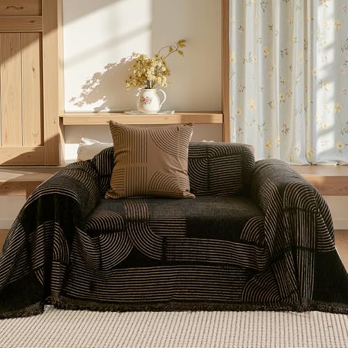 ComiComi Washable Couch Covers for Sofa Soft Brown Geometric ChenilleSofa Covers for Armchair Sectional L Shaped Pet-Friendly Couch Cover Blanket Crinkled Anti Scratch with Tassles 71" x 91"