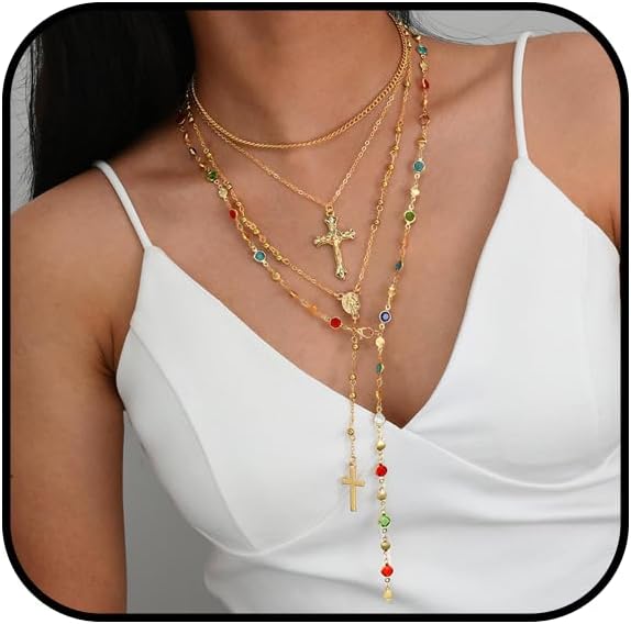 Gold Rosary Necklace for Women Layered Long Cross Lariat Necklace Colorful Rhinestone Stackable Pendant Necklaces Trendy Boho Jewelry Accessories