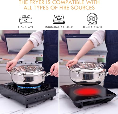 Deep Fryer Pot, 304 Stainless Steel Japanese Frying Pot with Oil Drain, Temperature Control and Lid, Tempura Deep Fryer Pot for Kitchen Stove/Induction Cooker French Fries Fryer Chicken 9.4" - Image 6