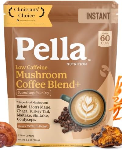 - Pella Nutrition Instant Mushroom Coffee Powder - Low Caffeine, 60 Cups