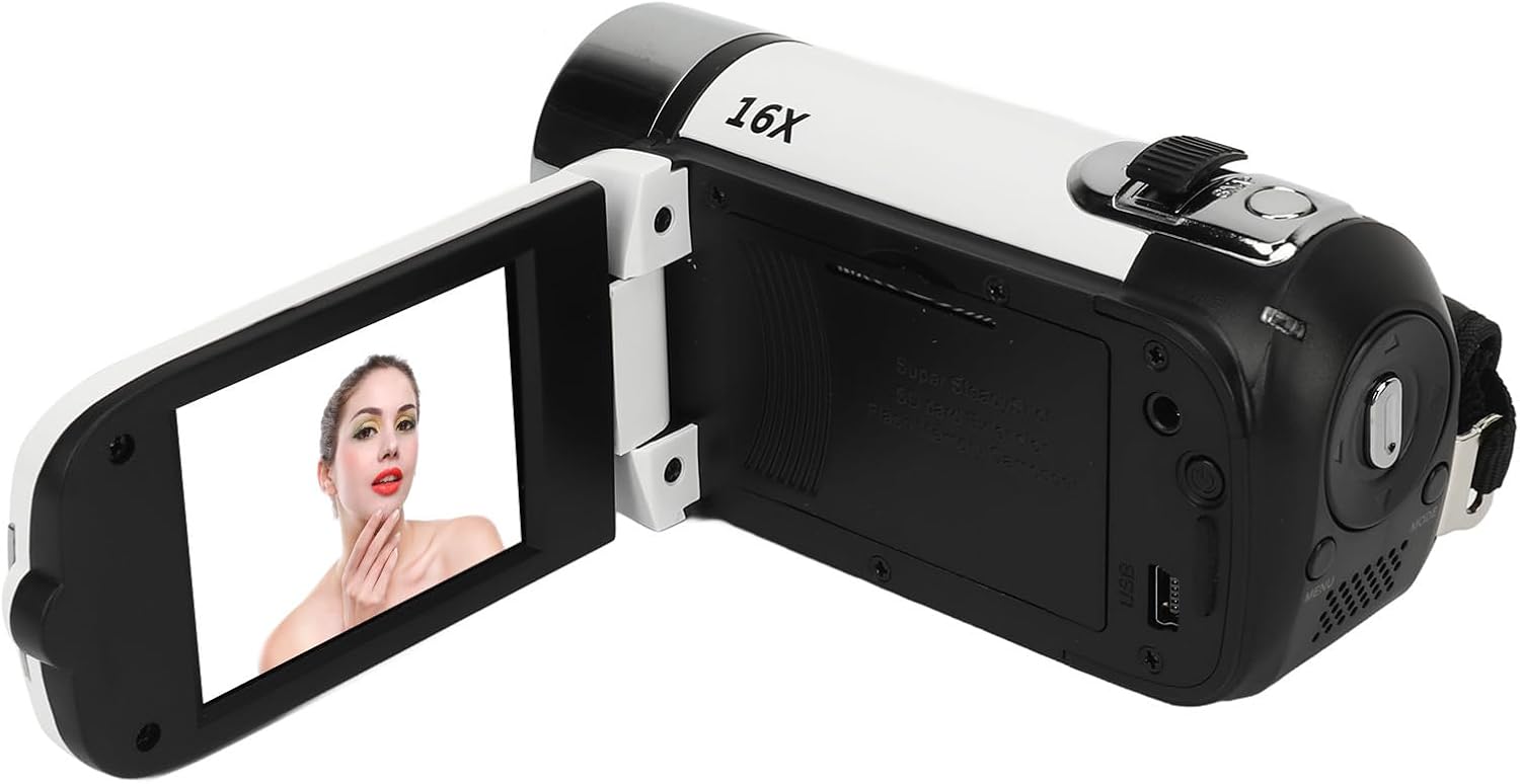 Back view of Sanpyl camcorder with screen open, showing control buttons