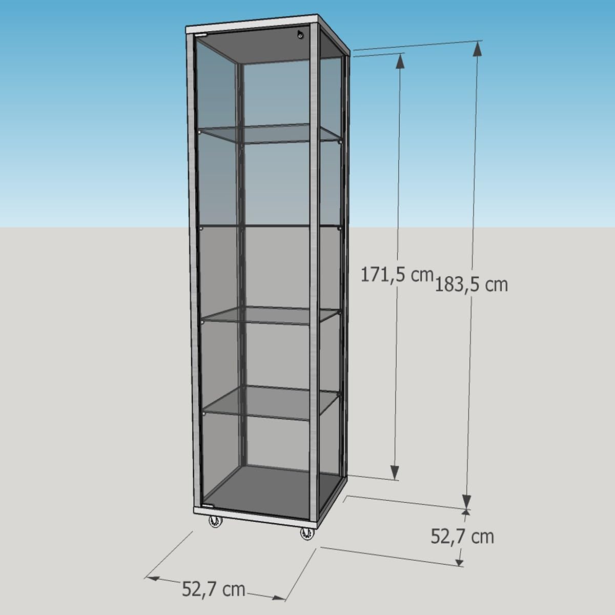 Glasvitrine mit Rollen T 53 x B 53 x H 183,5 cm - schmale Glas Standvitrine abschließbar - Ausstellungs-Vitrine ohne Beleuchtung