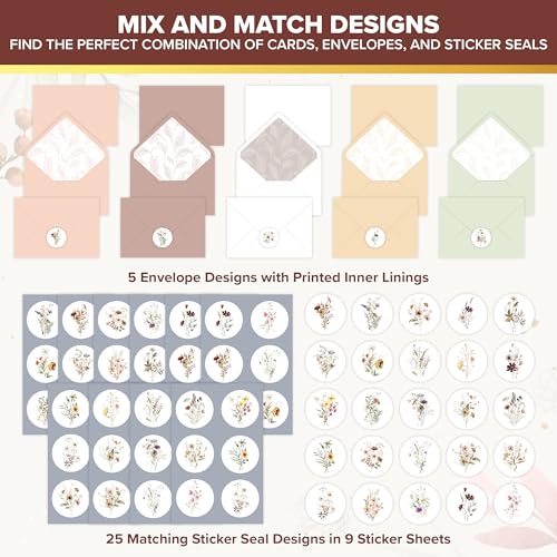 Decorably 50 Pack 4x6in Floral Blank Flower Note Cards with Envelopes and Stickers, 25 Folded Beautiful Designs for Friends, Family and Loved Ones - Birthday, Wedding, Bridal Shower, Gifting, Mailing