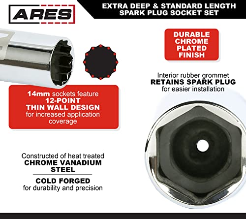 Ares 11024-7-Piece Extra Deep And Standard Length Spark Plug Socket Set – 3/8-Inch Drive Spark Plug Sockets - 2.5-Inch And 6-Inch Length 6-Point And 12-Point Sockets – Includes Foam Storage Tray #TOP2