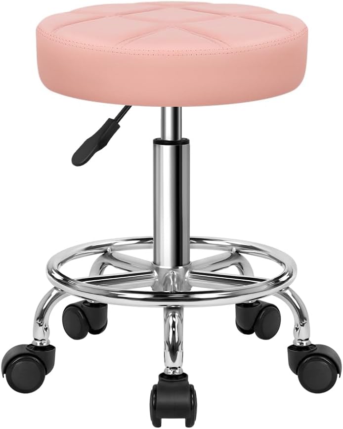 KKTONER Pink Rolling Stool Chair - PU Leather Height Adjustable Swivel Stool with Footrest & Wheels for Salon SPA Office Drafting (250lb Capacity)