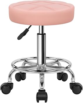 KKTONER Round Rolling Stool Chair PU Leather Height Adjustable Swivel Drafting Work SPA Shop Salon Stools with Wheels Office Chair Small Pink
