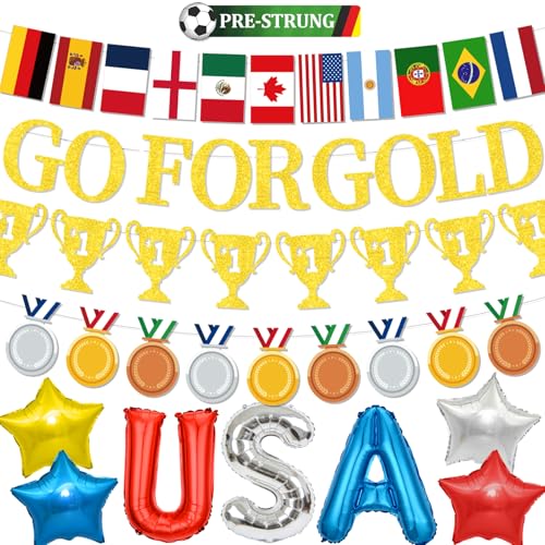 World Football Soccer 2026 International Cup Banner Pre-Strung Go For Gold Banner No DIY Golden Glitter Banner Championship Banner for Sports Game Football Soccer 2026 International Competition Themed Party Decorations Supplies
