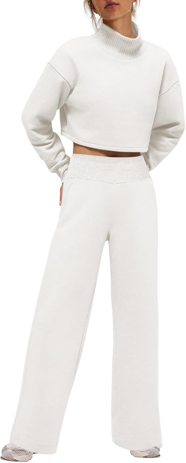 Nirovien Womens 2 Piece Lounge Set Matching Sweat Sets Mock Neck Sweatshirt and Wide Leg Sweatpants Fall Outfits