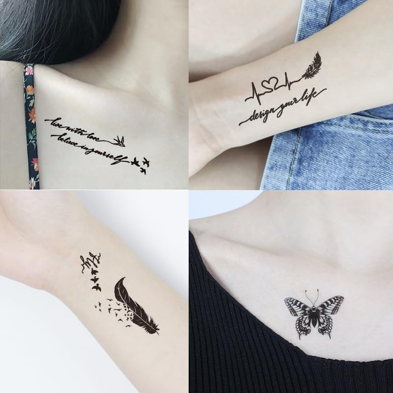 Miniatura 2 de 32 hojas de tatuajes temporales de patrón pequeño negro realista para adultos, tatuajes temporales de plumas, novios de pájaros, tatuajes falsos