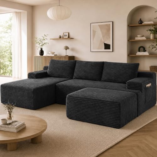 Image of Boneless Couch, Modular Sectional Couches for Living Room, U-Shaped Cloud Couch Sofa with Deep Seat, Fluffy Corduroy Upholstered Corner Sofa
