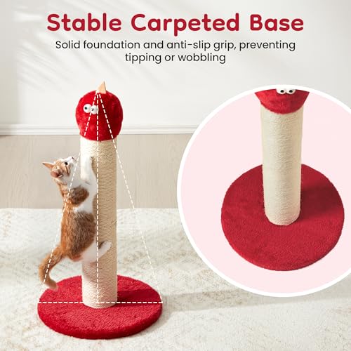 Cat Scratching Post for Small Space, 22'' Scratching Posts for Indoor Cats Adults, Extra Wide 13.4" Stable Base & Natural Sisal, Cute Cat Scratching Post with Short Plush Fabric for Large Cats, Red by FansaFurn - Image 4