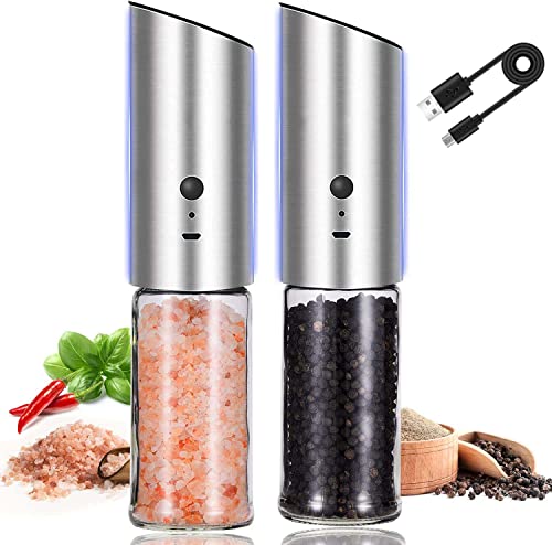 KASTWAVE Electric Salt and Pepper Grinder Set, 2 Pcs USB Rechargeable Electric Refillable Gravity Shakers, Adjustable Coarseness, Refillable Gravity Salt and Pepper Grinder Set