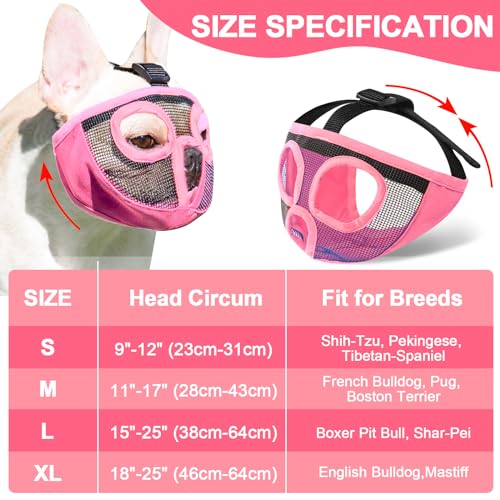 Image of Short Snout Dog Muzzles- Adjustable Breathable Mesh Bulldog Muzzle for Biting Chewing Licking Training Grooming Dog Mask (Pink, Small /9 inch-12 inch)