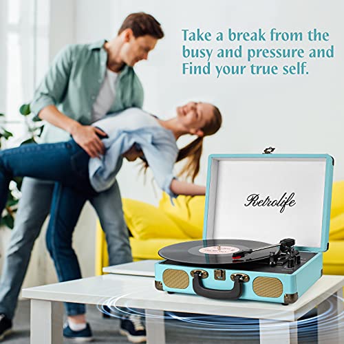 Image of Record Player with Speakers 3-Speed Bluetooth Suitcase Portable Vinyl Record Player Belt-Driven RCA Line Out AUX in Headphone Jack Vinyl Vintage Turntable Blue