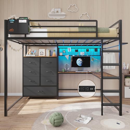 DICTAC Full Loft Bed with Desk Storage & LED Lights