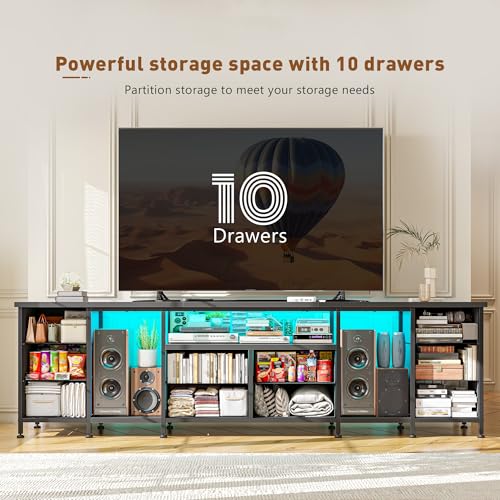 Image of 75.5 inch Long TV Stand for 85 /80 /75 Inch TVs LED Entertainment Center with Power Outlets & 10 Storage Drawers, Television Stands with 2 Wood Shelves for Living Room Gaming Room Sturdy Metal Frame, Black