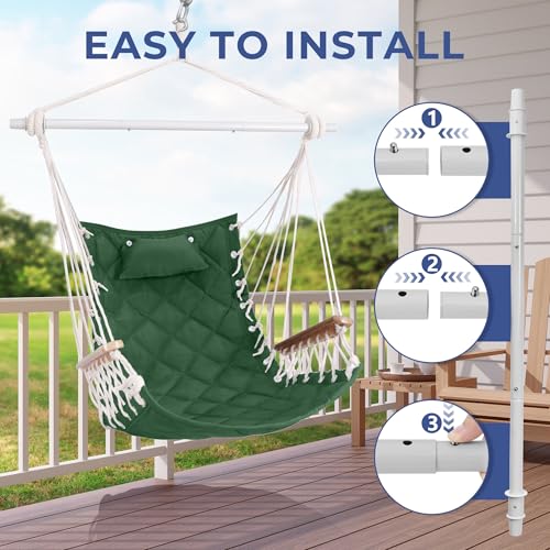 Image of Hammock Chair Hanging Swing with Wooden Armrest,Steel Spreader Bar,Pillows,Hardware kit Included;Cotton Woven;Up to 350 Lbs,for Indoor Outdoor Green