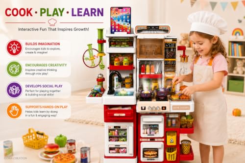 Image of Dream Kitchen Playset for Kids, 65 Piece Pretend Kitchen Set with Cycling Water Sink, Steam Effect, Lights & Sounds, Toy Stove, Oven, Utensils, Food Accessories, 64 cm