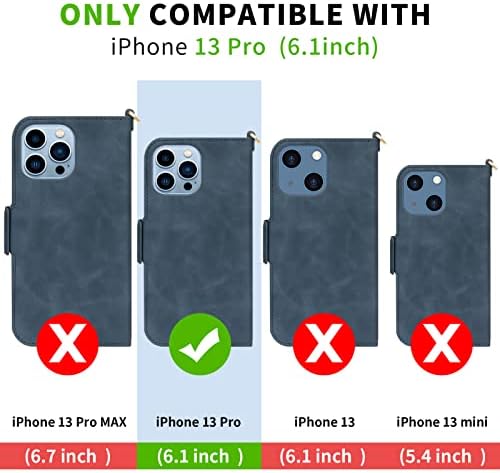 Skycase iPhone 13 Pro Case, iPhone 13 Pro 6.1" Case 2021,[RFID Blocking] [Kickstand Protective Cover] Handmade Flip Folio Wallet Case with Card Slots and Hand Strap for Apple iPhone 13 Pro 6.1",Blue