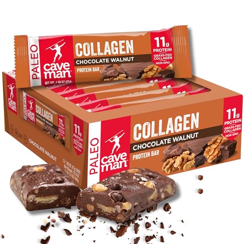 Caveman Foods Collagen Chocolate Walnut Protein Bar, 1.65 Oz, (Pack of 12), Gluten free, 10 g protein, Premium Cookie Dough Protein Bars