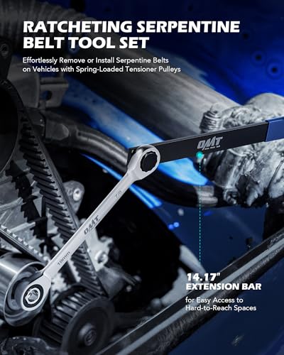 Image of OMT Serpentine Belt Tool Kit, 15pc Ratcheting Serpentine Belt Removal Tool | Belt Tensioner Tool with Ratcheting Wrench Sockets Adapters Crowfoot Wrenches Extension, Replacing Drive Belts, Chrome Steel