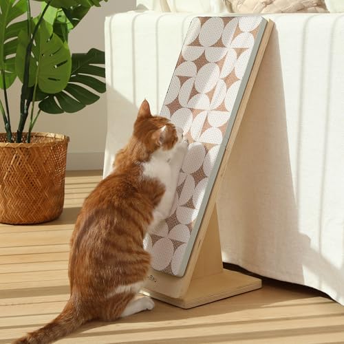 FUKUMARU Sisal Cat Scratcher Ramp, Wood Cat Scratching Post, Replaceable Scratching Mat for Indoor Cats, L Shape Wall Mount Cats Scratch Pad, Furniture Protector for Couch Sofa