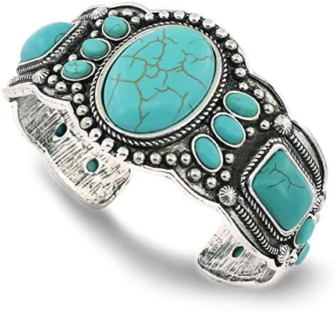 jianxi Women's Antique Rgentium Plated Base Heart Compressed Turquoise Bracelet Cuff Bangle Fashion Jewelry (1323-A)
