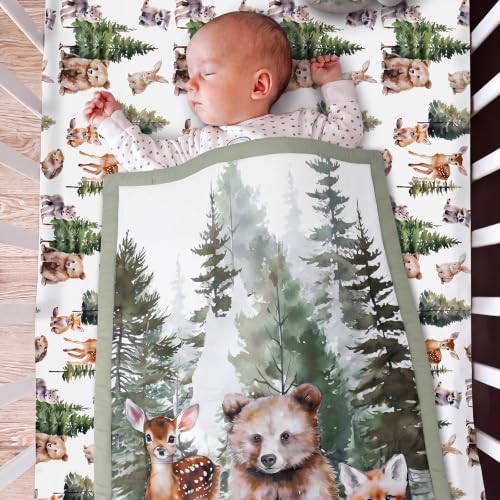 Image of Hahafelt 3 Pcs Woodland Animal Baby Crib Bedding Set for Boy | Includes Quilt, Fitted Sheet, Skirt, Soft Green Forest Bear Deer Nursery Bedding for Standard Infant Toddler Bed