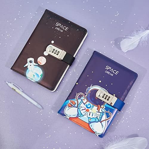 NectaRoy A5 Lockable Diary Travel Journal, PU Leather Space Astronaut Pattern Password Notebook Sketchbook, Office School Supplies Student Stationery Birthday Gift, Pen Holder&Card Slots, 215x145mm