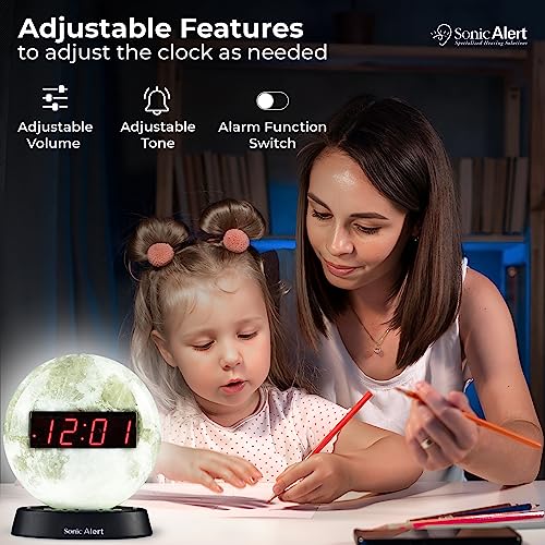Sonic Alert Moon Alarm Clock Nightlight | Soft Ambient Light For Children In The Dark | Recordable Alarm Clock For Heavy Sleepers | Built-In Speake, Aux Connection #TOP5